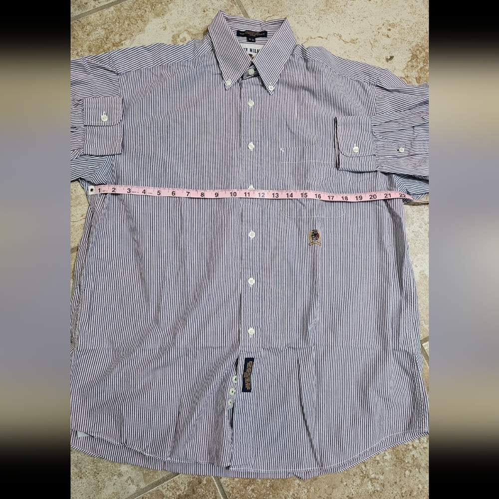 Tommy Hilfiger Large 16/34 Vintage 90s White Purple Pinstripe Crest Shirt Preppy - Picture 7 of 8